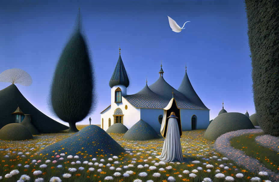 Stylized painting of figure in robe near whimsical building