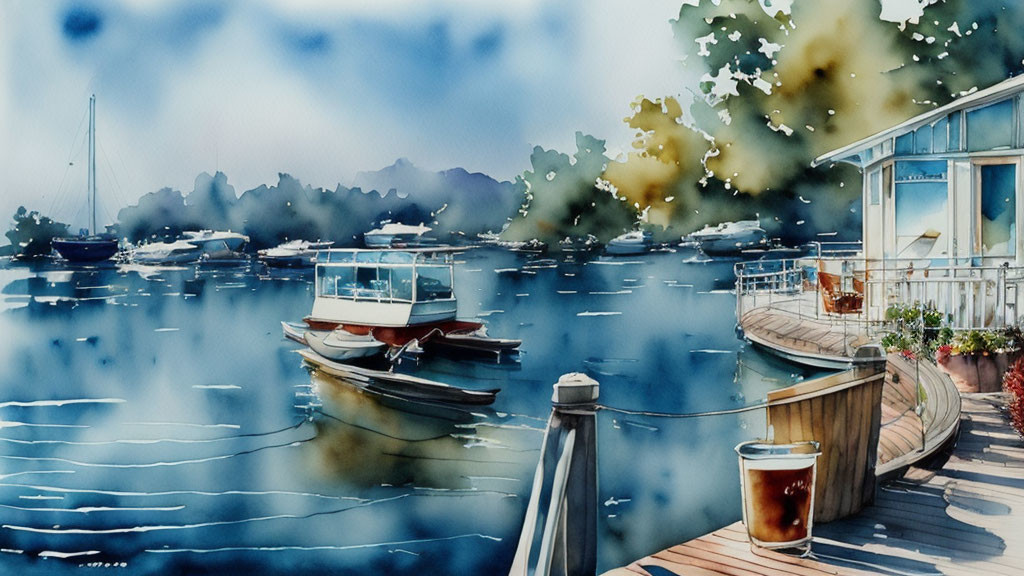 Tranquil watercolor scene: Lakeside dock, boats, house, distant hills