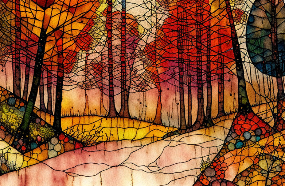 Vibrant Autumn Forest with Abstract Colorful Trees