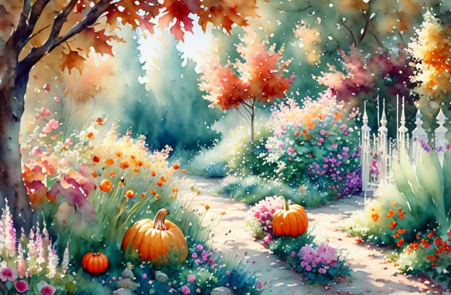 Vibrant watercolor garden with pumpkins, flowers, fence, and autumn trees