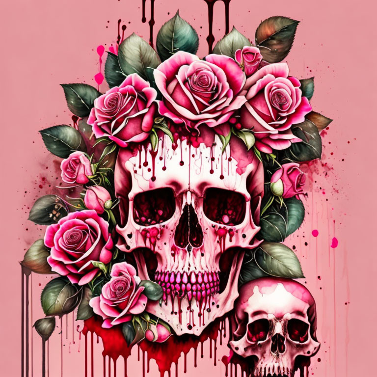 Skull with melting details and pink roses on pink background showcase macabre and floral fusion