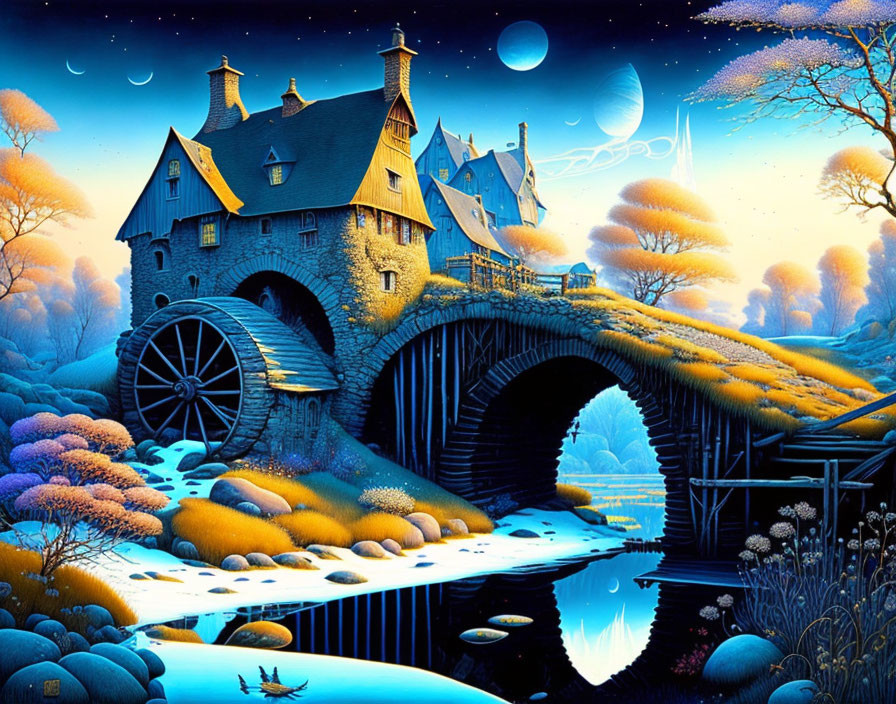 Fantasy artwork of whimsical cottage with water wheel and moonlit backdrop