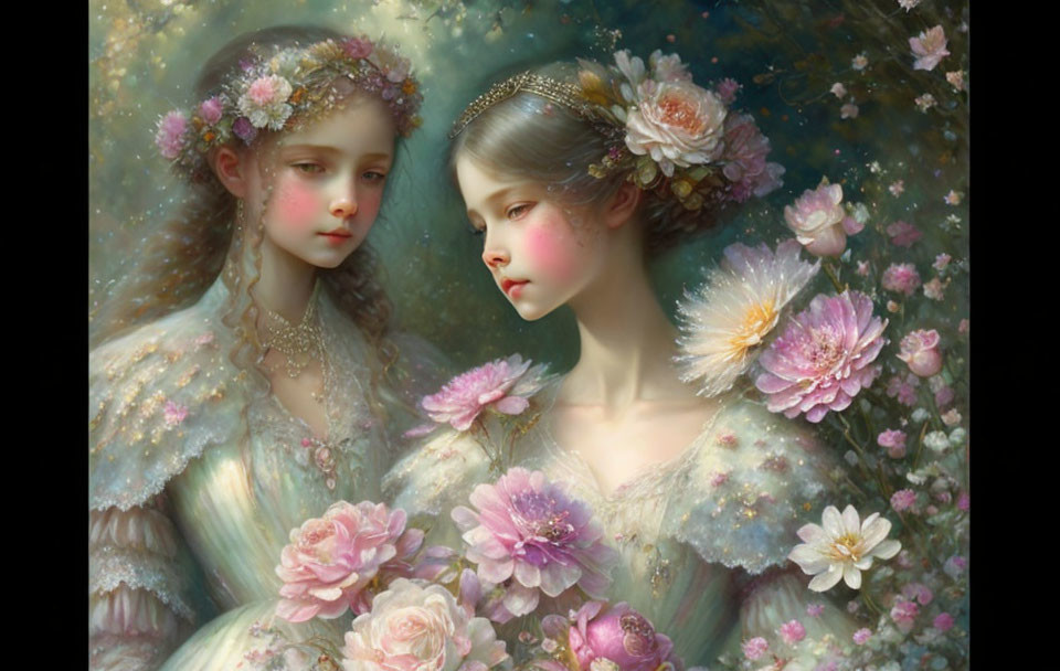 Ethereal figures in floral wreaths and glittering attire among soft blossoms