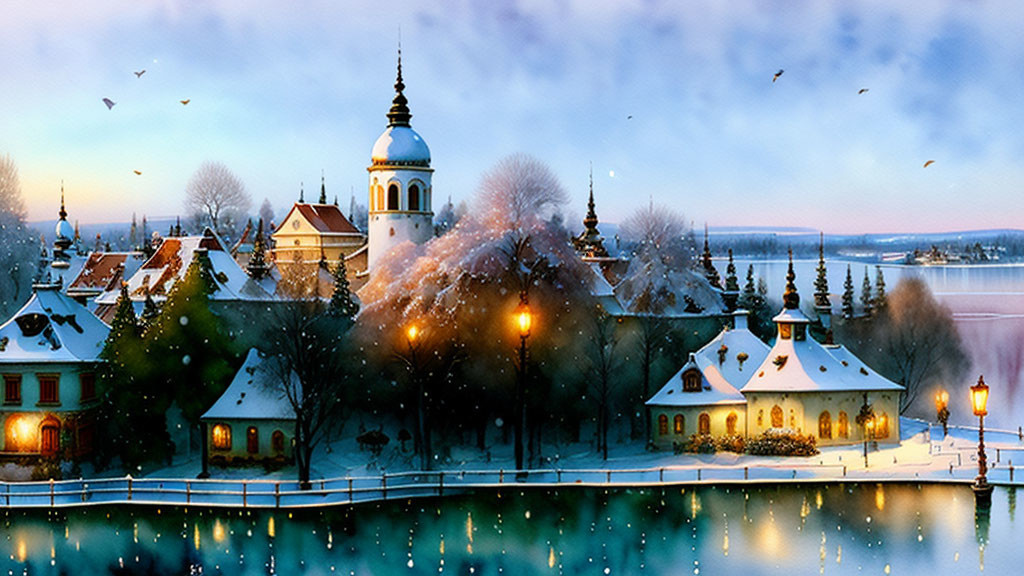 Snow-covered buildings, church spire, river, and birds in serene winter scene