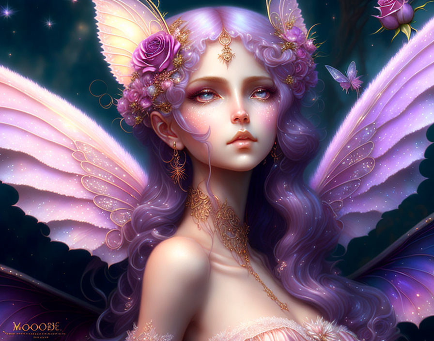 Ethereal fairy with delicate pink wings and gold jewelry