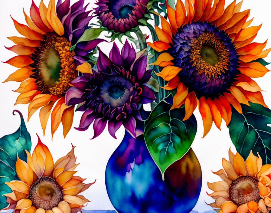 Colorful Sunflower Watercolor Painting on White Background