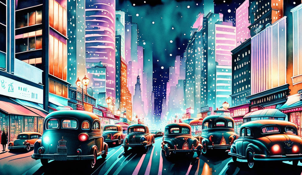 Retro-futuristic city street scene with vintage cars and neon signs