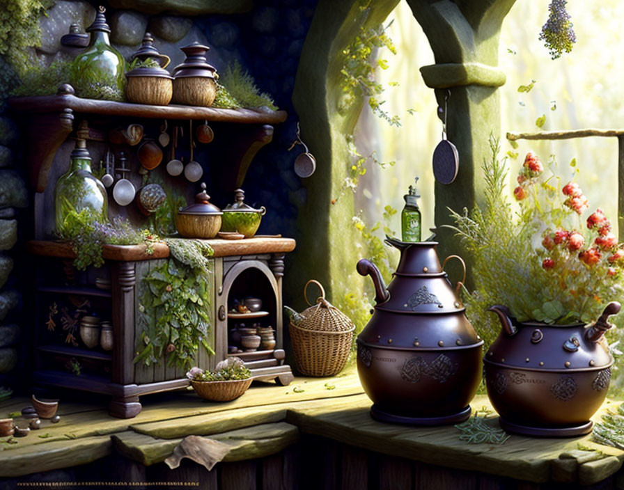 Enchanted forest kitchen scene with potion bottles, herbs, copper pots