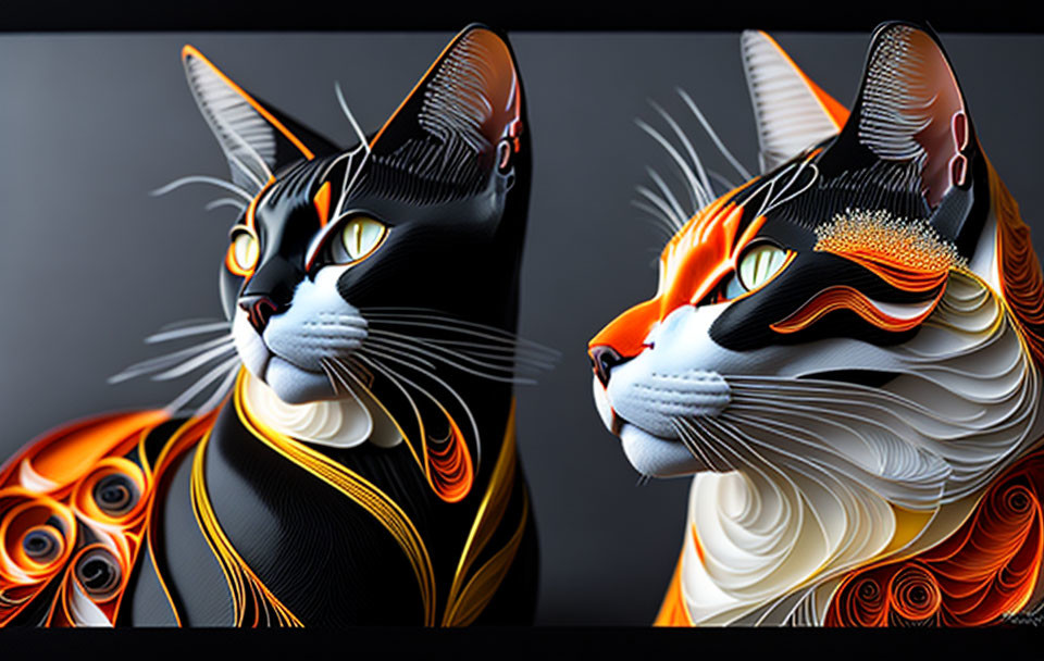 Stylized artistic renderings of cats with intricate patterns in vibrant colors