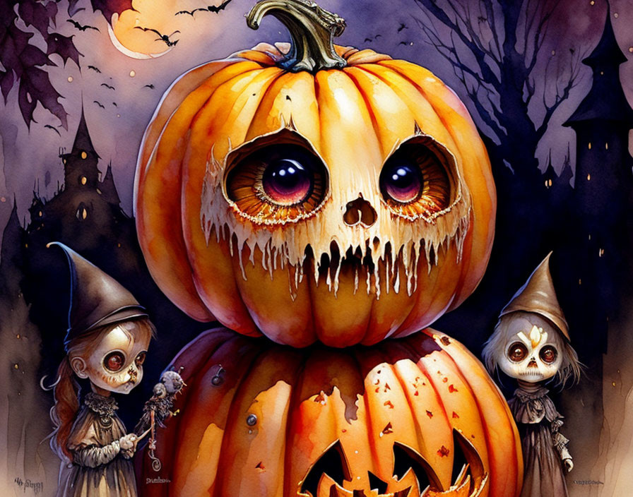 Spooky Halloween scene with large jack-o'-lantern, scarecrow-like characters, and bats in