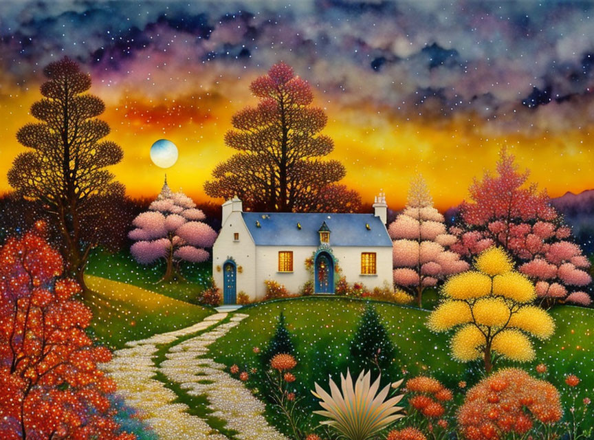 Colorful flowering trees and cottage in vibrant landscape under starry sky