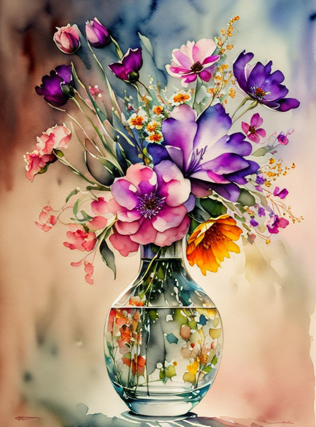 Colorful Watercolor Painting of Pink, Purple, and Orange Flowers in Glass Vase