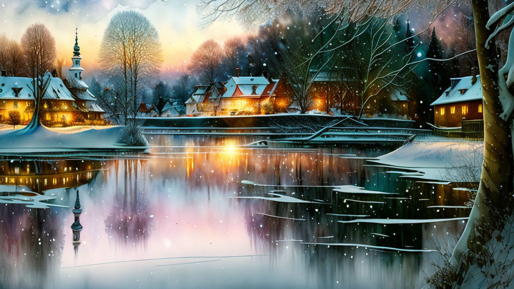 Winter village by frozen lake: houses and trees illuminated at dusk