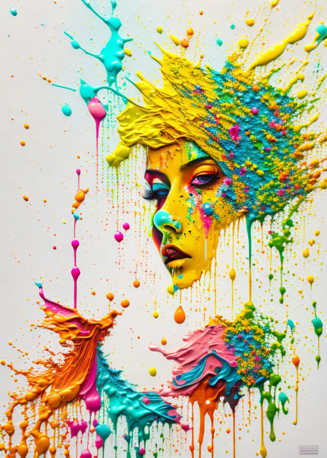 Colorful Abstract Portrait of Woman with Paint Splashes on Light Background