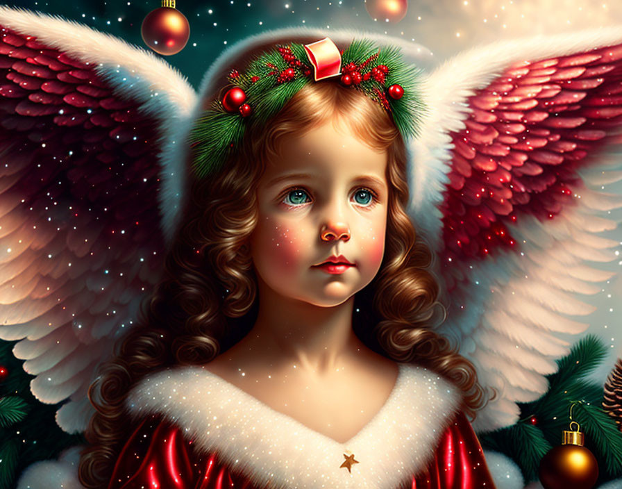 Young angel with white wings in red Christmas dress amid holiday ornaments