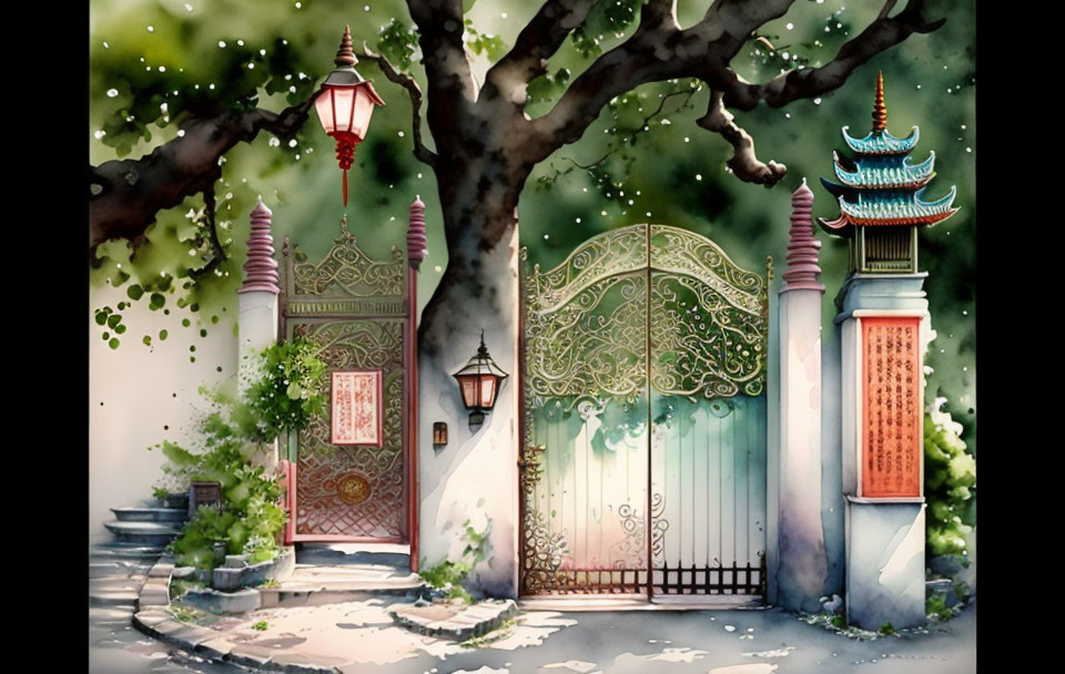 Ornate gate and lanterns in tranquil garden with Asian pavilion