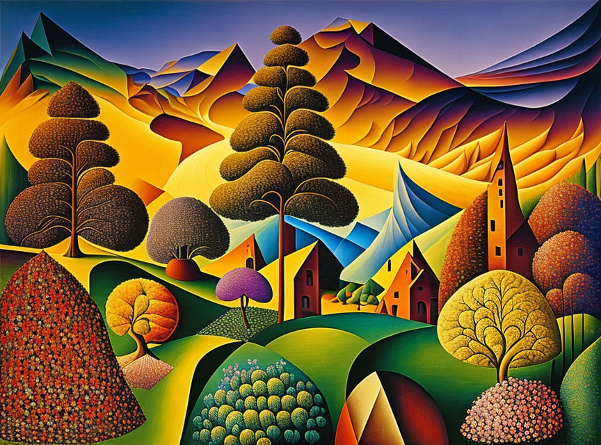 Vibrant Landscape Painting with Rolling Hills and Whimsical Trees