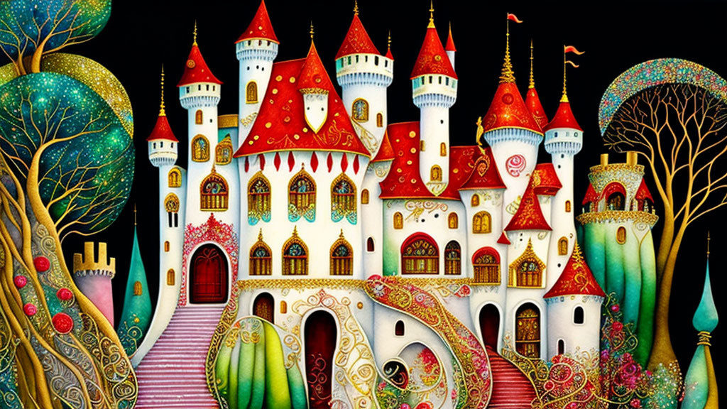 Colorful Fairytale Castle with Red Roofs & Towers Against Black Background