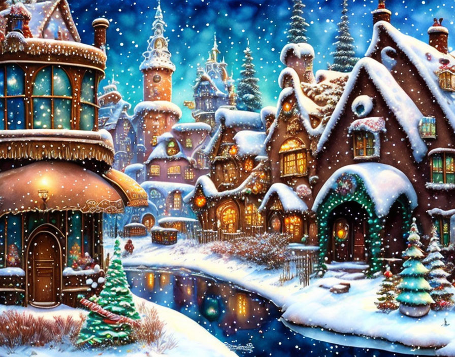 Snow-covered winter village with festive decorations and illuminated windows