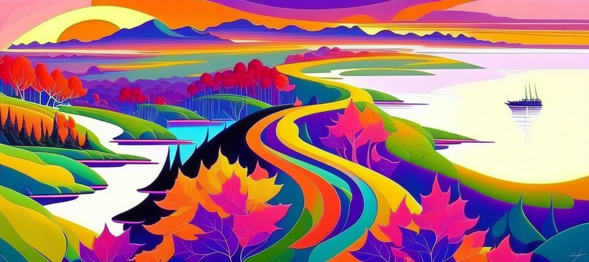 Colorful landscape with river, trees, mountains, and tower in vibrant hues