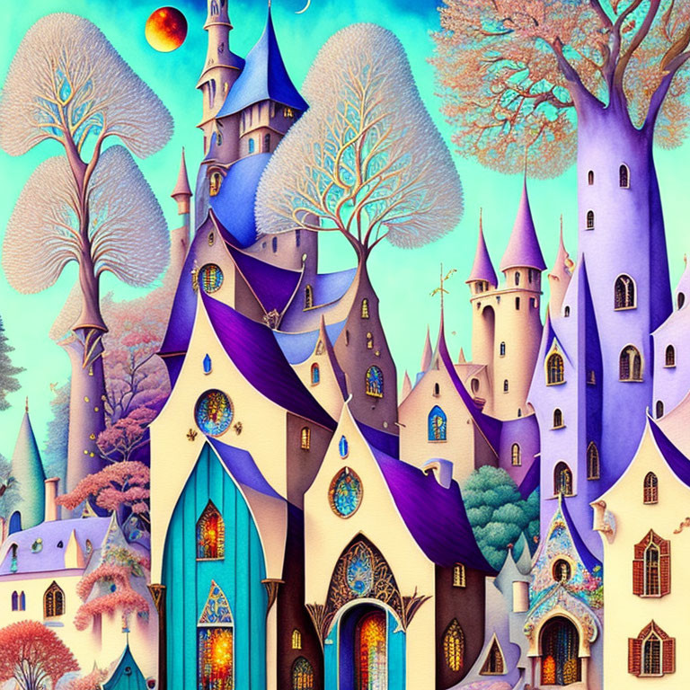 Whimsical fairy-tale castle illustration with fantastical trees and orange planet