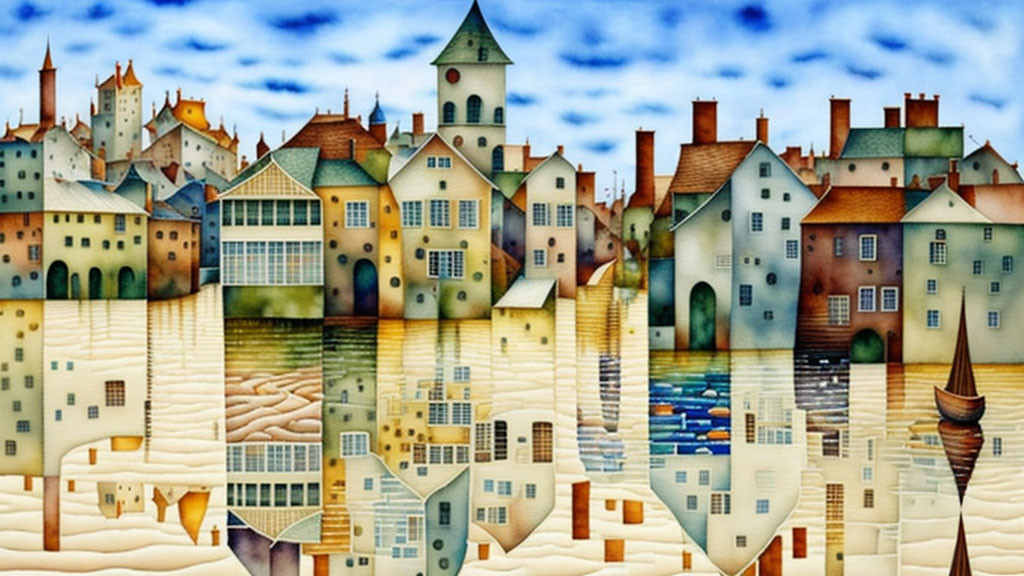 Vibrant painting of a whimsical village under a cloudy sky