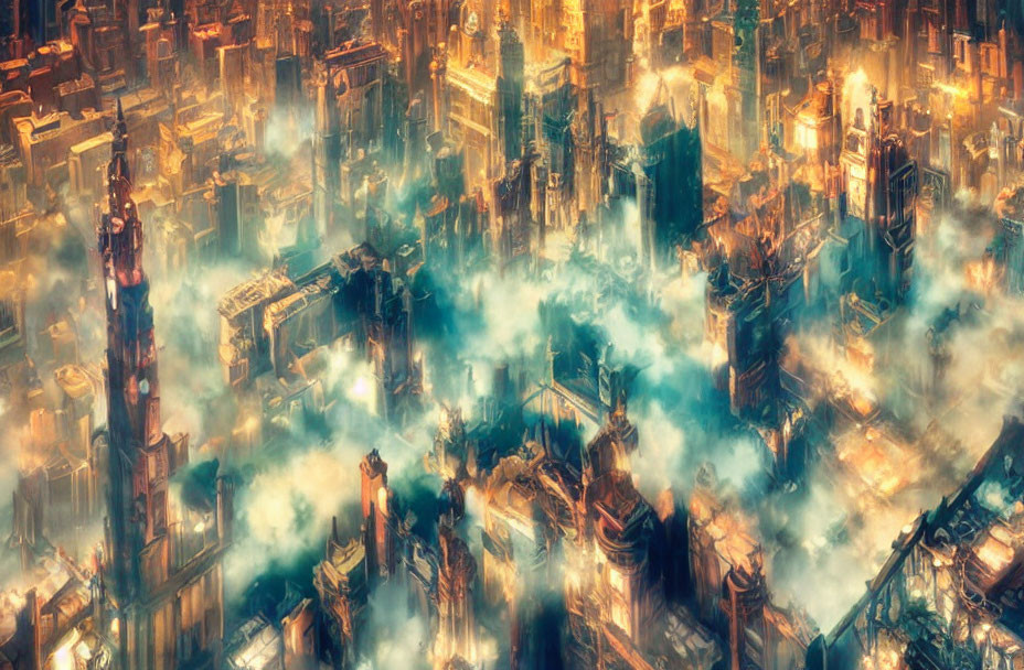 Futuristic cityscape with towering skyscrapers and warm light