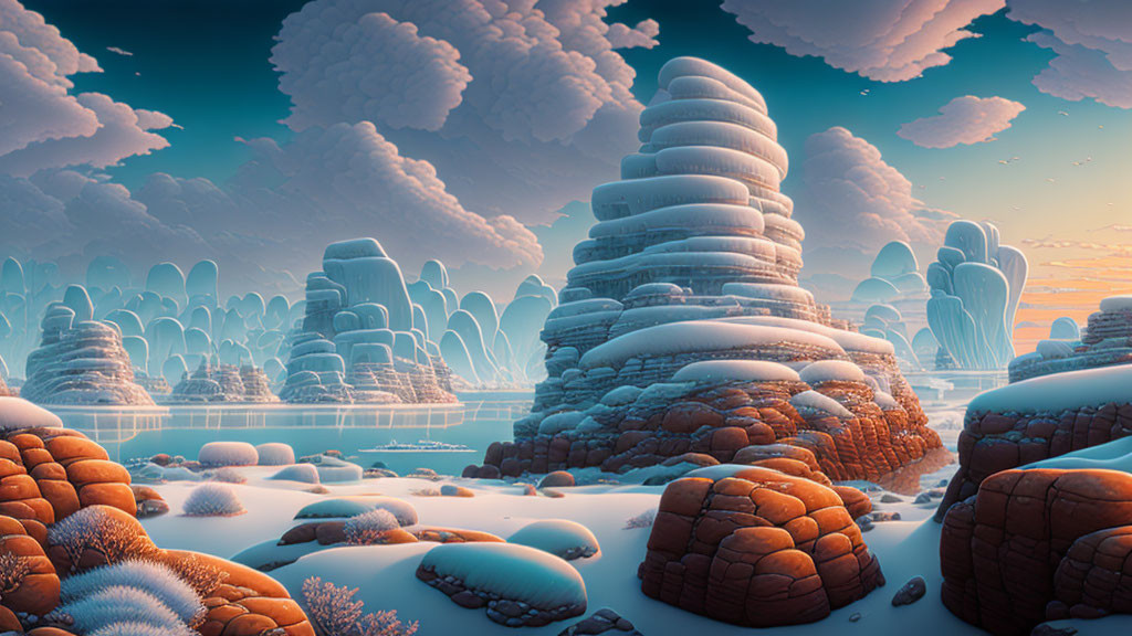 Snowy Landscape with Layered Rock Formations and Pastel Sky