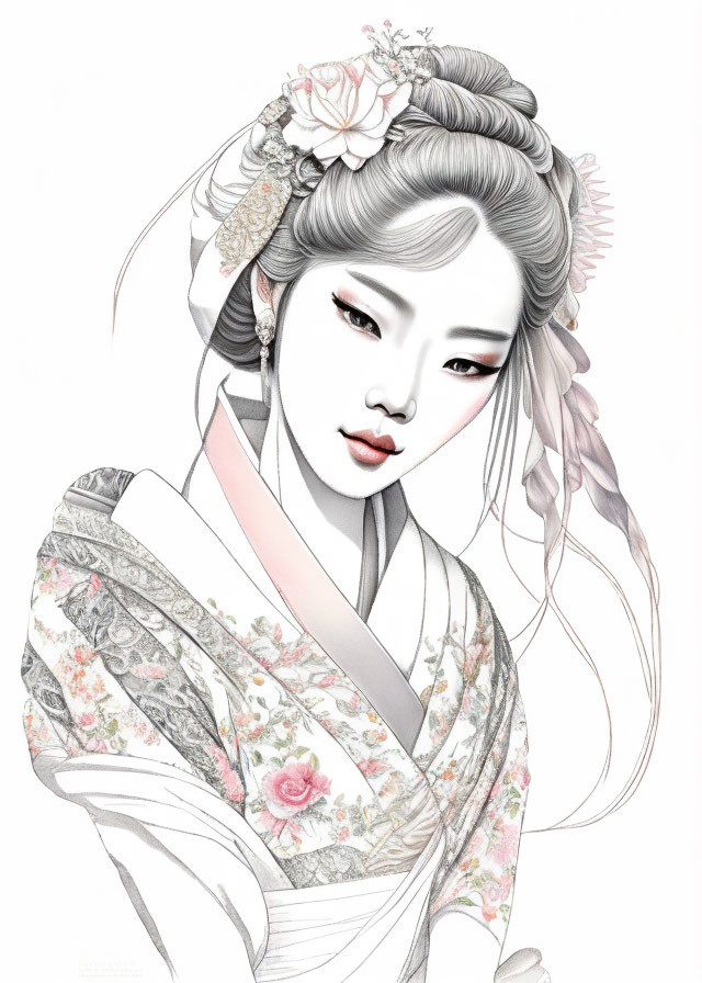 Detailed Asian woman illustration in traditional attire and floral patterns.