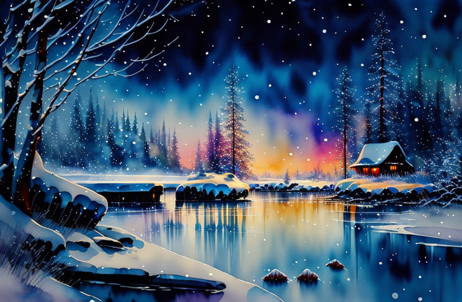 Snow-covered landscape with river and cabin in serene winter scene