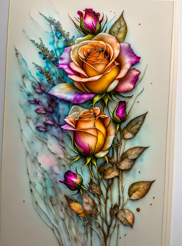 Multicolored rose tattoo design with detailed shading and delicate foliage