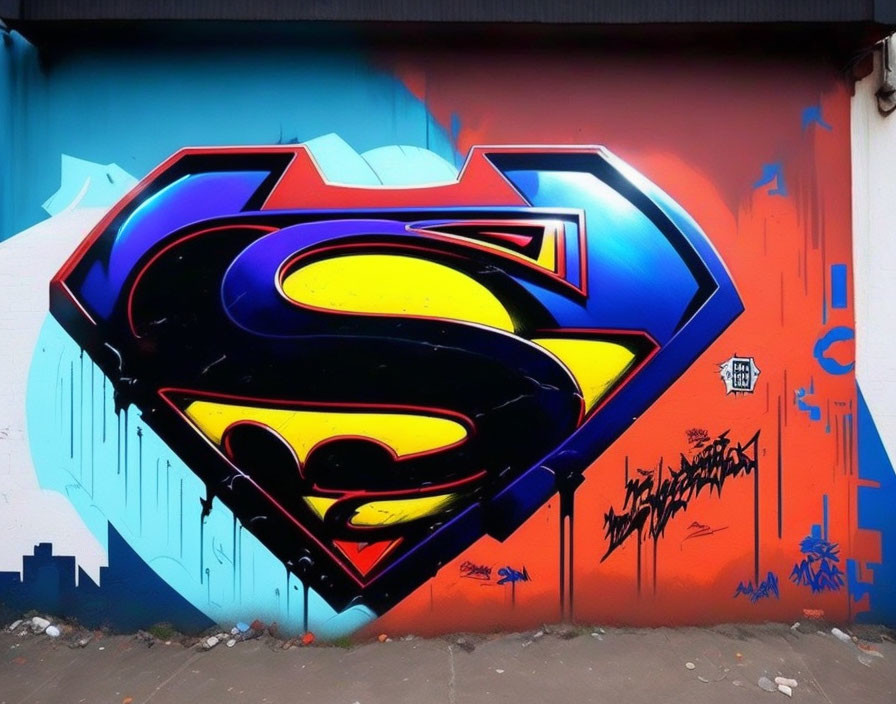 Colorful 3D Superman logo graffiti on wall with blue and red splatters