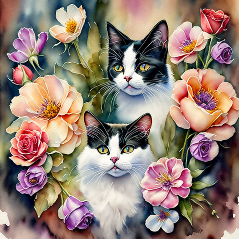 Illustrated black and white cats with green eyes among colorful flowers