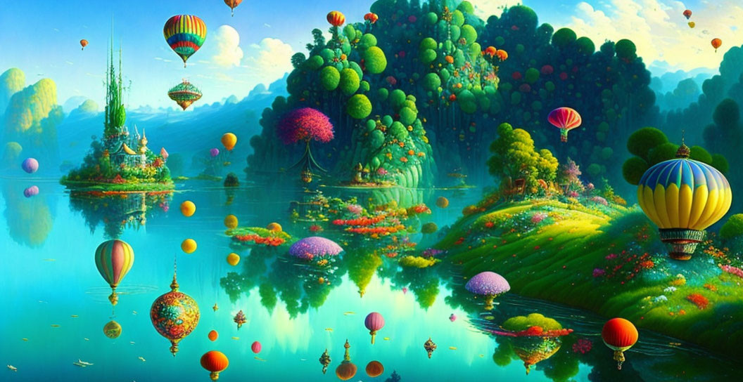 Colorful Fantasy Landscape with Hot Air Balloons, Reflective River, and Whimsical Trees