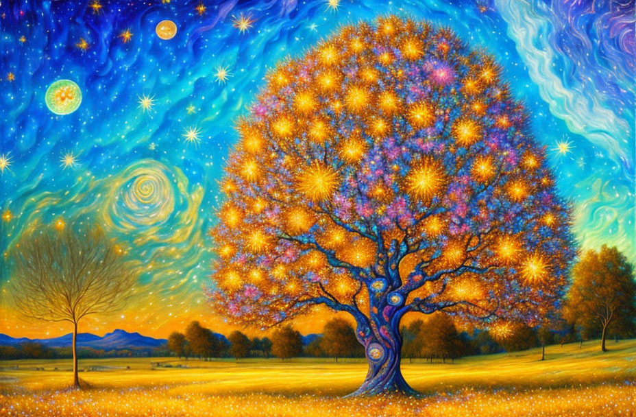 Colorful tree painting under cosmic sky with stars & galaxies