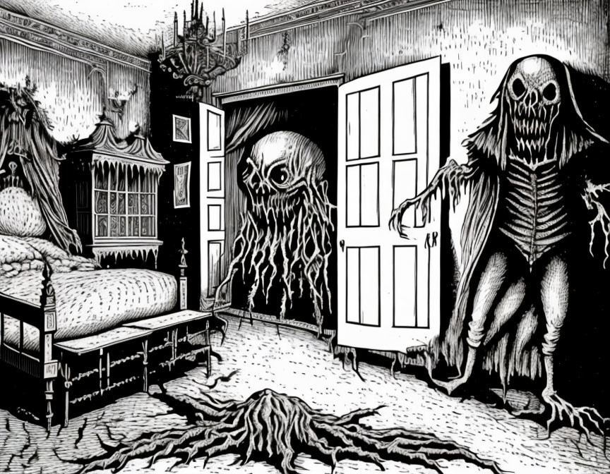 Monochrome spooky bedroom illustration with skeleton figure and tentacled monster