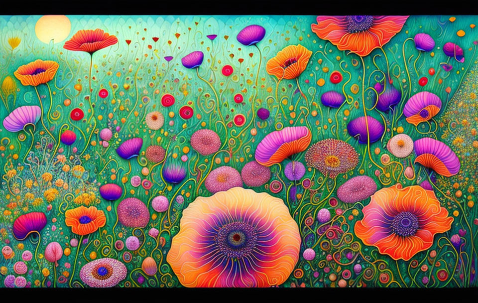 Colorful Stylized Flowers Painting on Dark Background with Sun