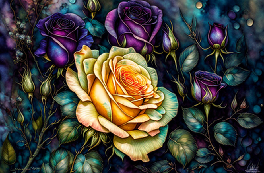 Vibrant roses artwork with yellow and purple flowers on dark background