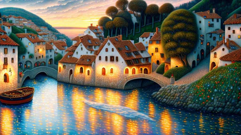 Tranquil river village at sunset with cozy houses and boat