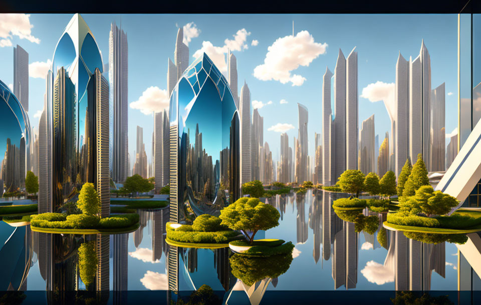 Sleek skyscrapers and verdant islands in futuristic cityscape