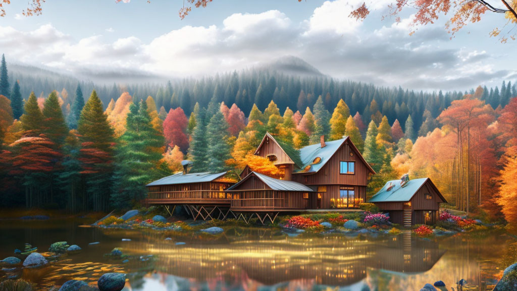 Scenic autumn cabin by serene lake and colorful forest