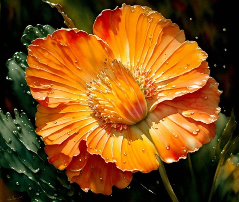 Bright Orange Flower with Water Droplets on Petals and Dark Background