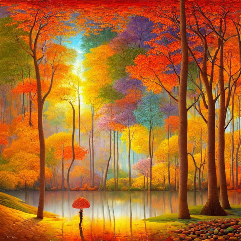 Vibrant forest scene with person holding red umbrella by lake