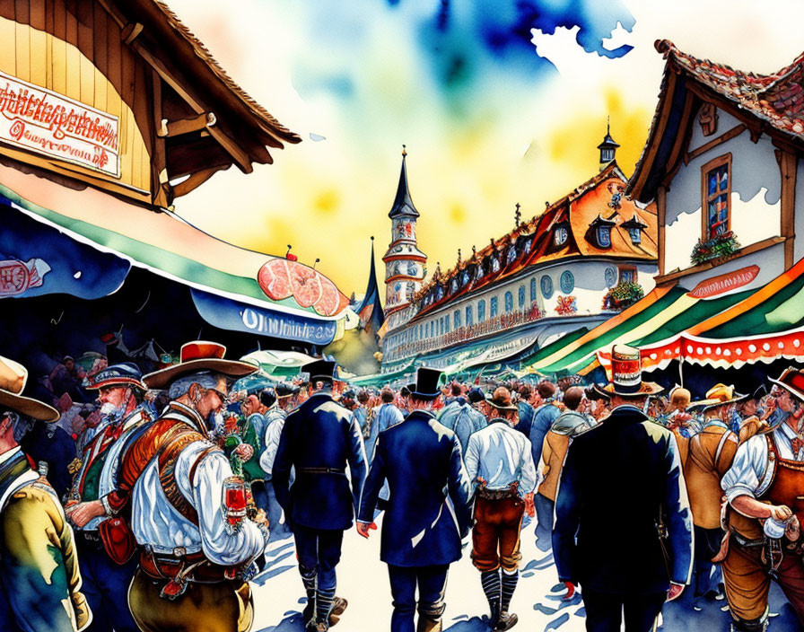 Vibrant traditional festival illustration with people in folk costumes and market stalls