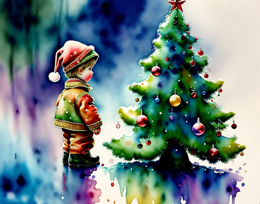 Child in winter attire admires Christmas tree with star, set against watercolor backdrop