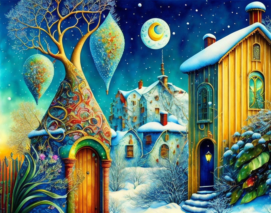 Colorful Ornate Winter Scene with Snow-Covered Landscape