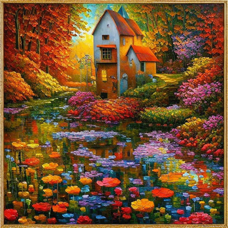 Autumn cottage painting with flower garden and serene pond