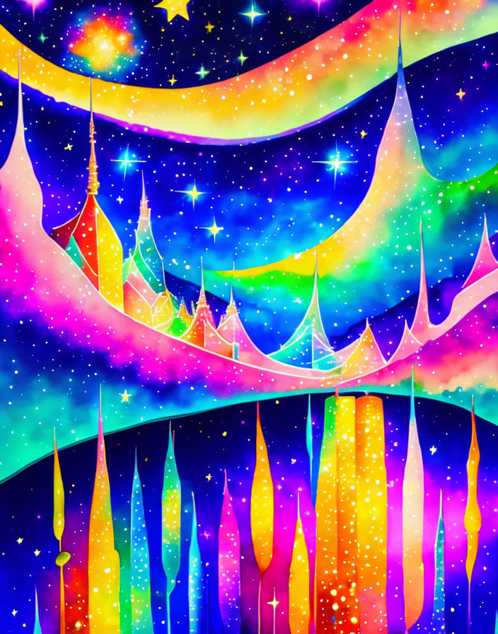 Colorful, whimsical castle spires in starry nebula backdrop