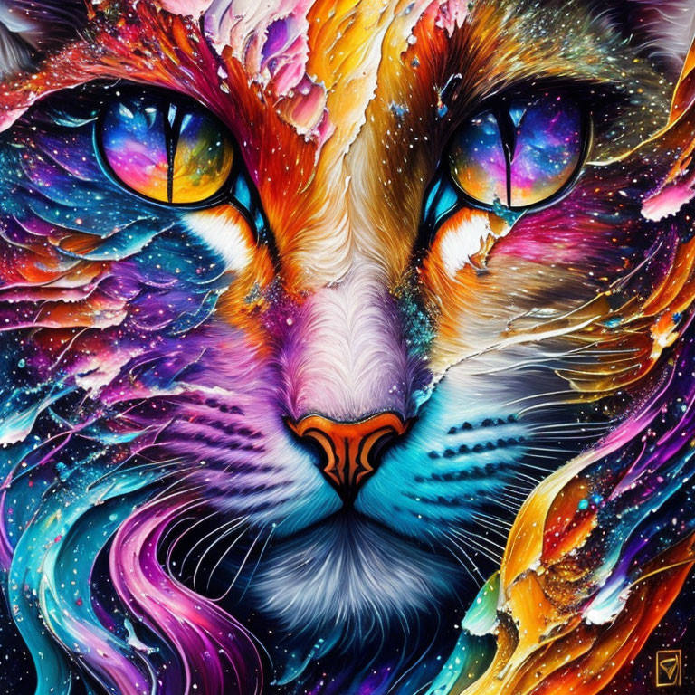 Colorful Cat Face Painting with Abstract Cosmic Patterns