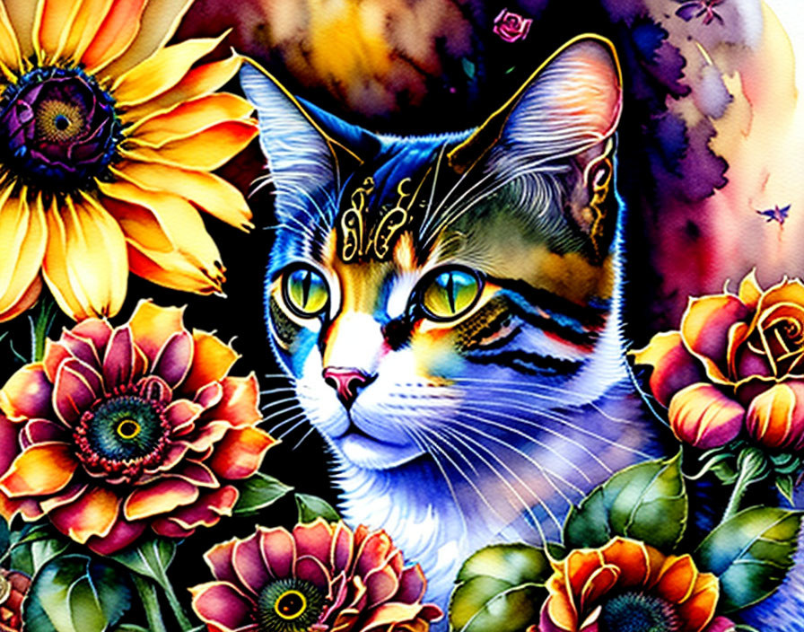 Colorful Cat with Floral Surroundings in Watercolor Style